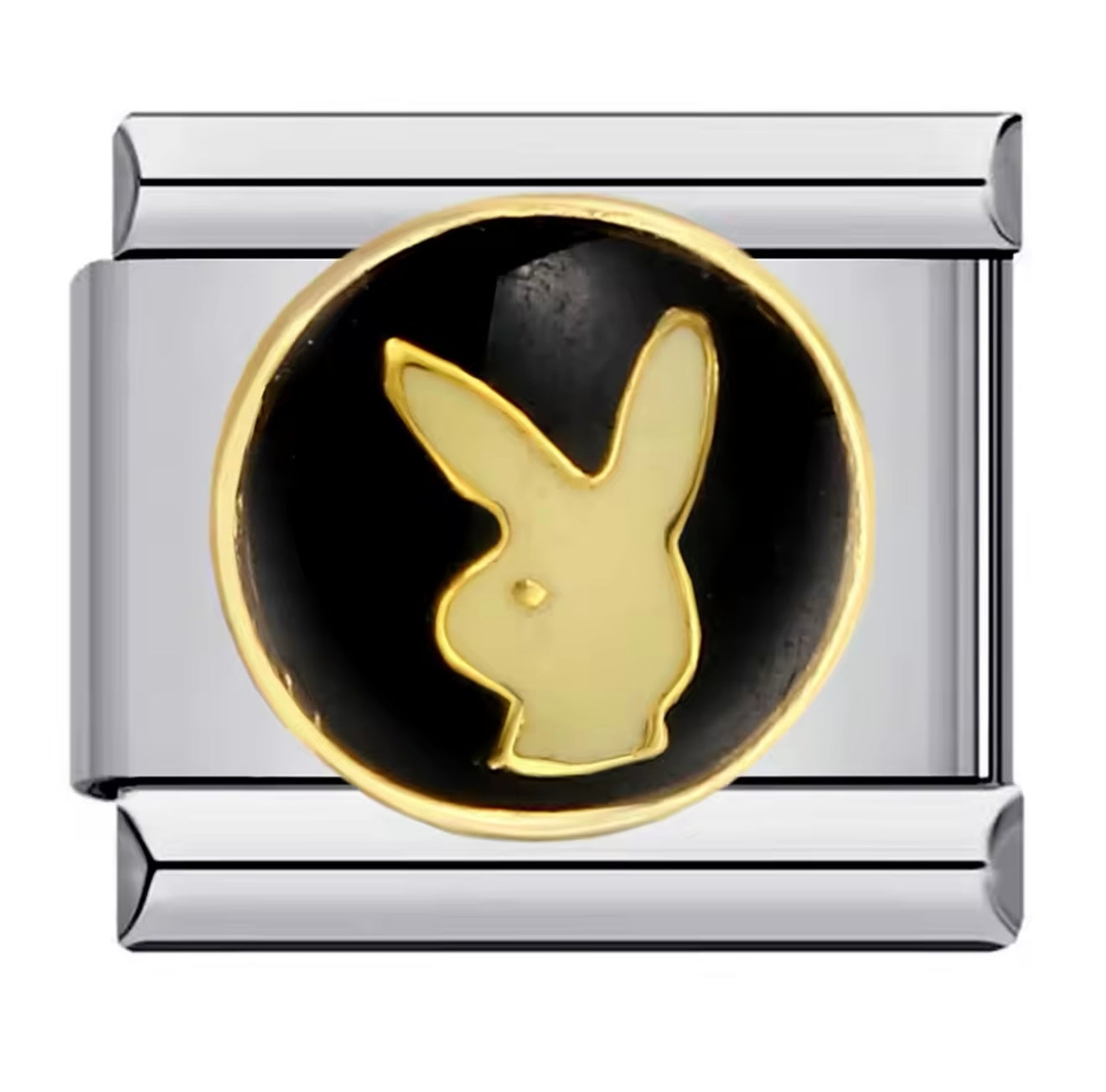 Gold & Black Playboy Bunny, Silver Italian Charm Bracelet