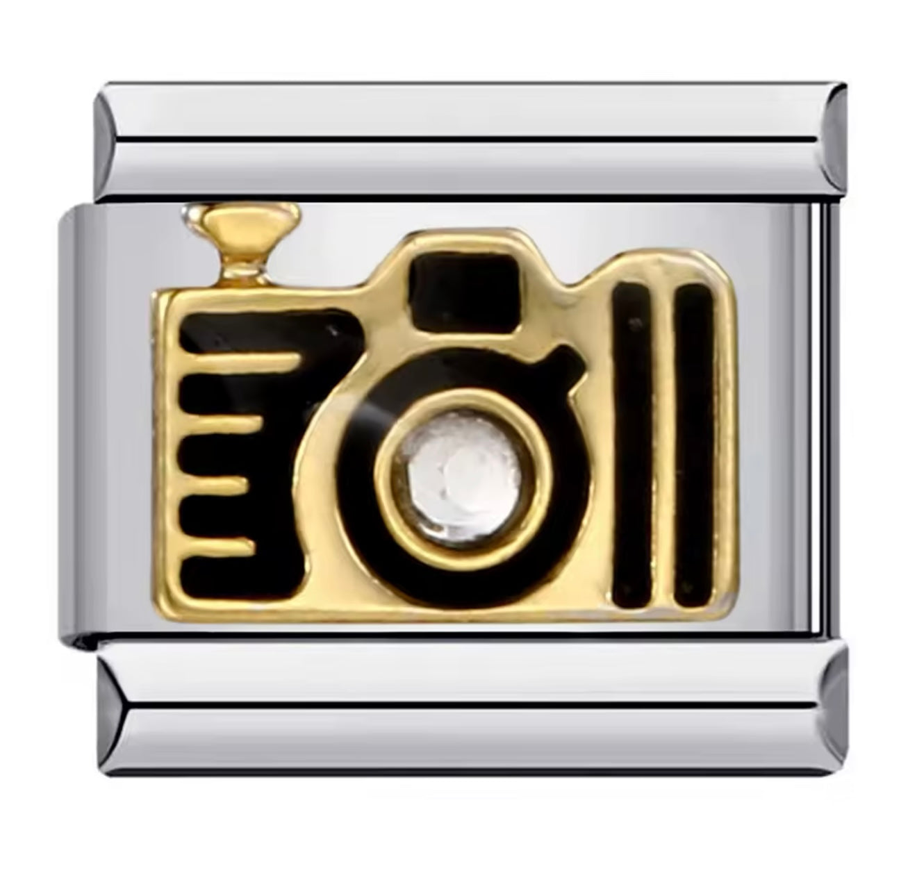 Black & Gold Camera, Silver Italian Charm