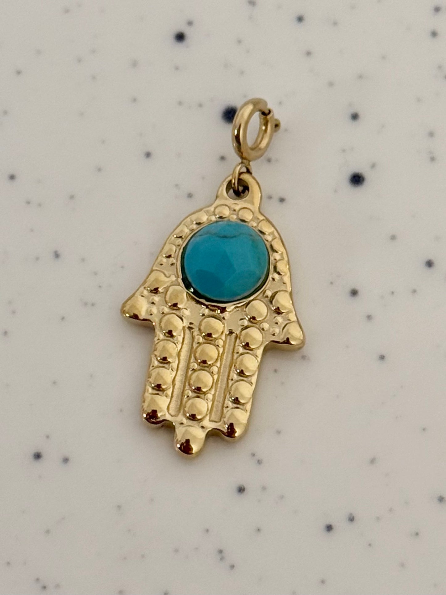Hamsa Hand Gold Turquoise Stone Charm