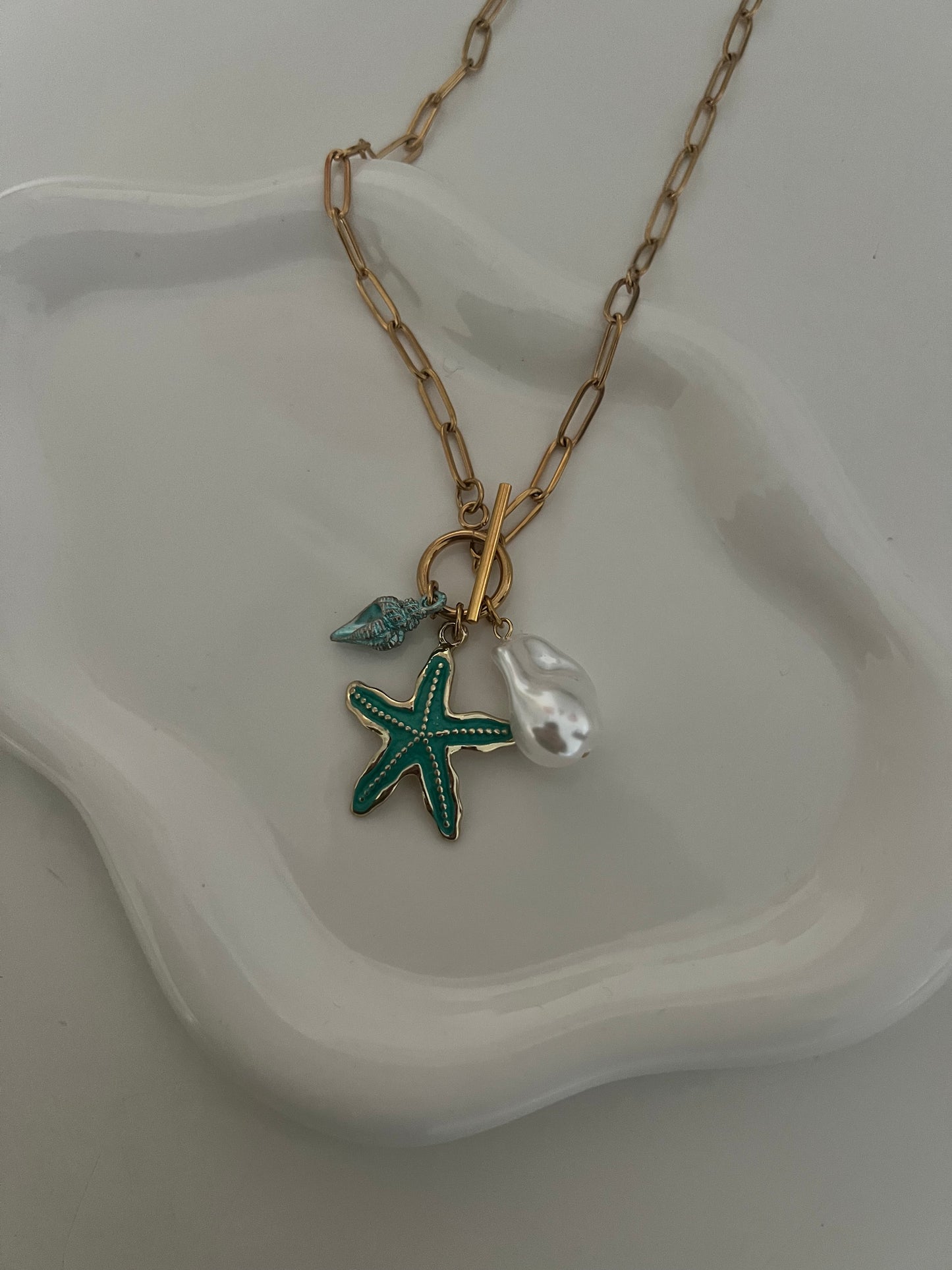 Aquamarine Blue & Gold Charm Necklace