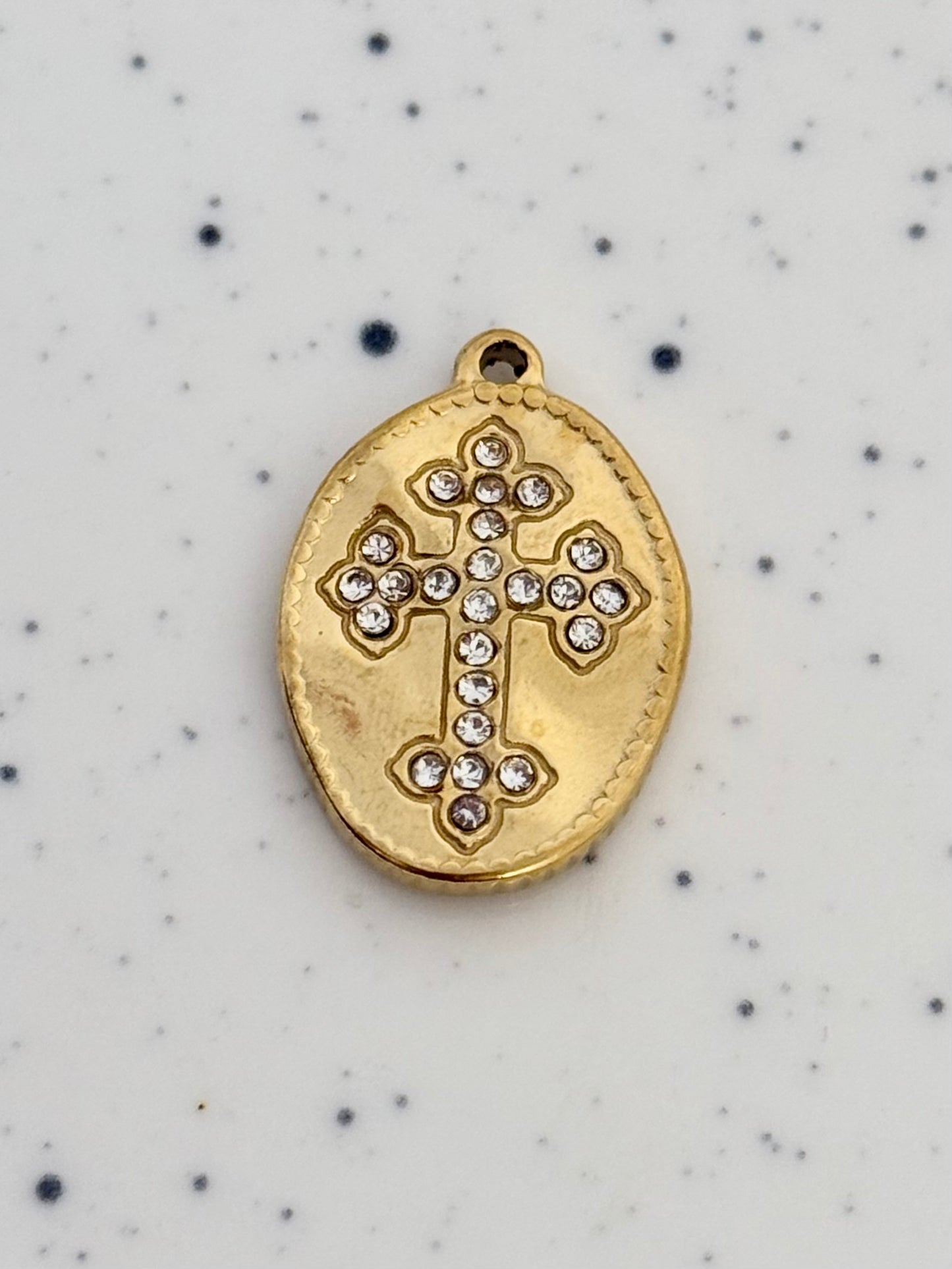 Embellished Cross Gold Oval Charm
