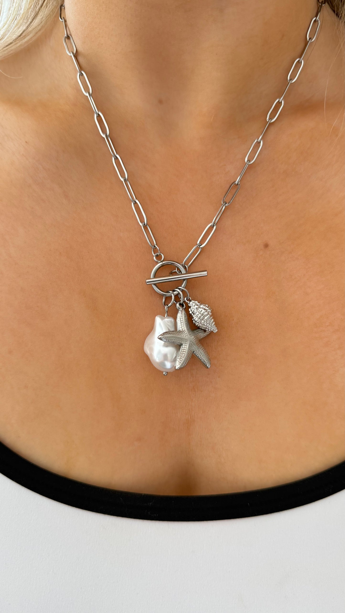 ‘Aquamarine’ Silver T Clasp Charm Necklace