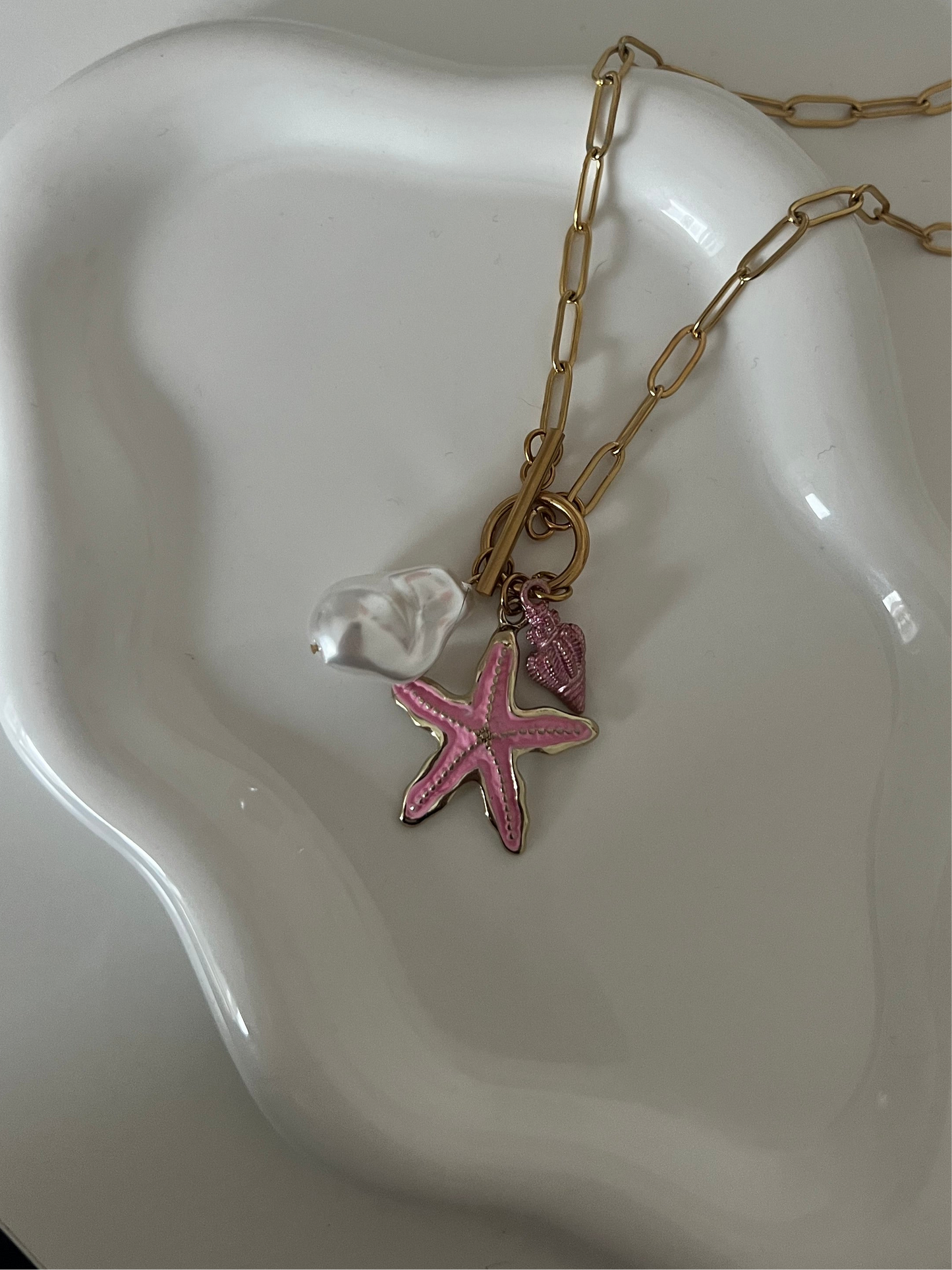 Aquamarine Pink & Gold Charm Necklace