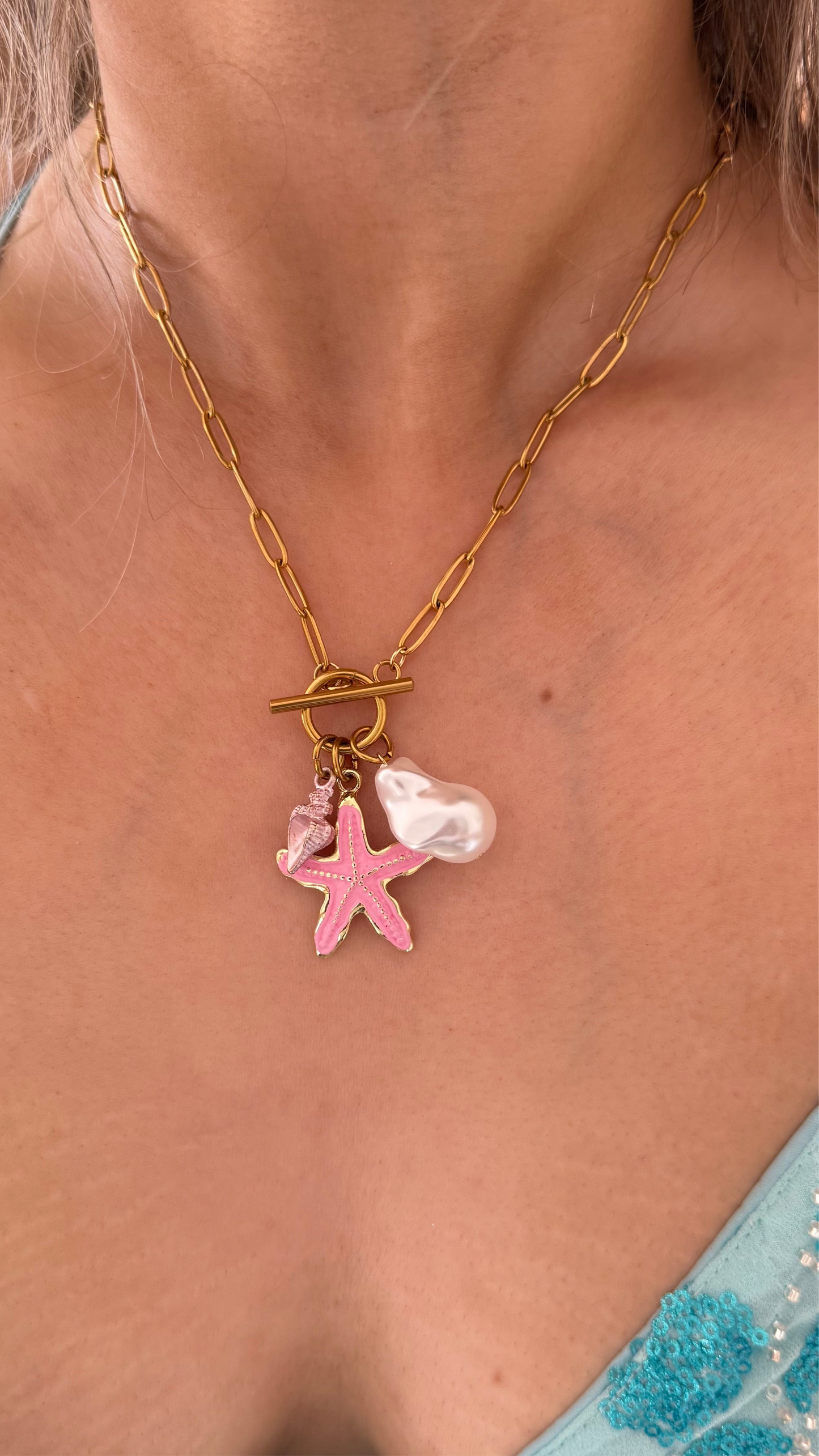 Aquamarine Pink & Gold Charm Necklace