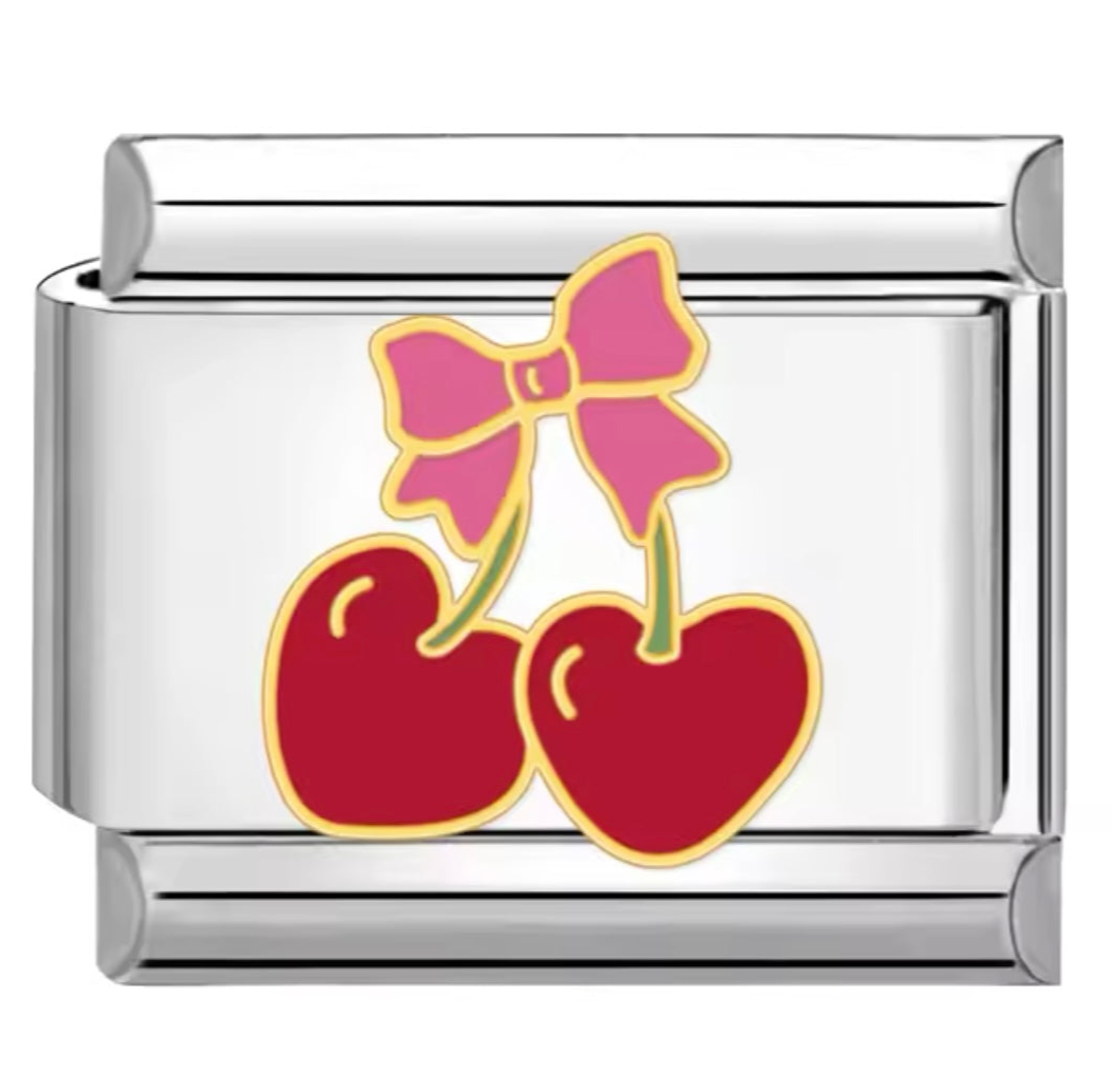 Red Cherry Bow Silver Italian Charm