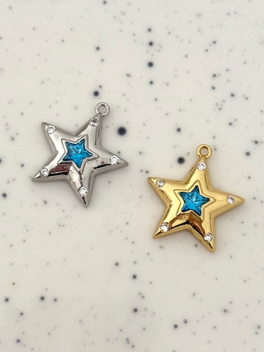 Gold & Silver Star Charm with Blue Crystal