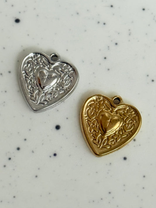 Engraved Floral Heart Cross Detail Pendant