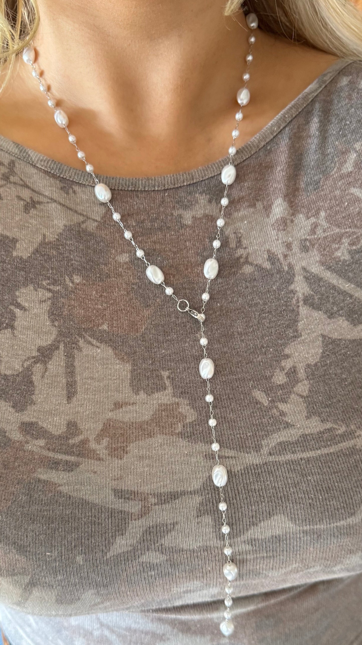 Silver Imitation Pearl Lariat/Stacking Necklace