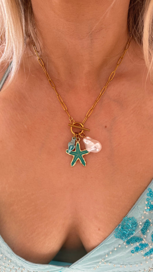 Aquamarine Blue & Gold Charm Necklace