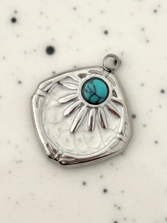 Silver Blue Crystal Stone Square Abstract Charm