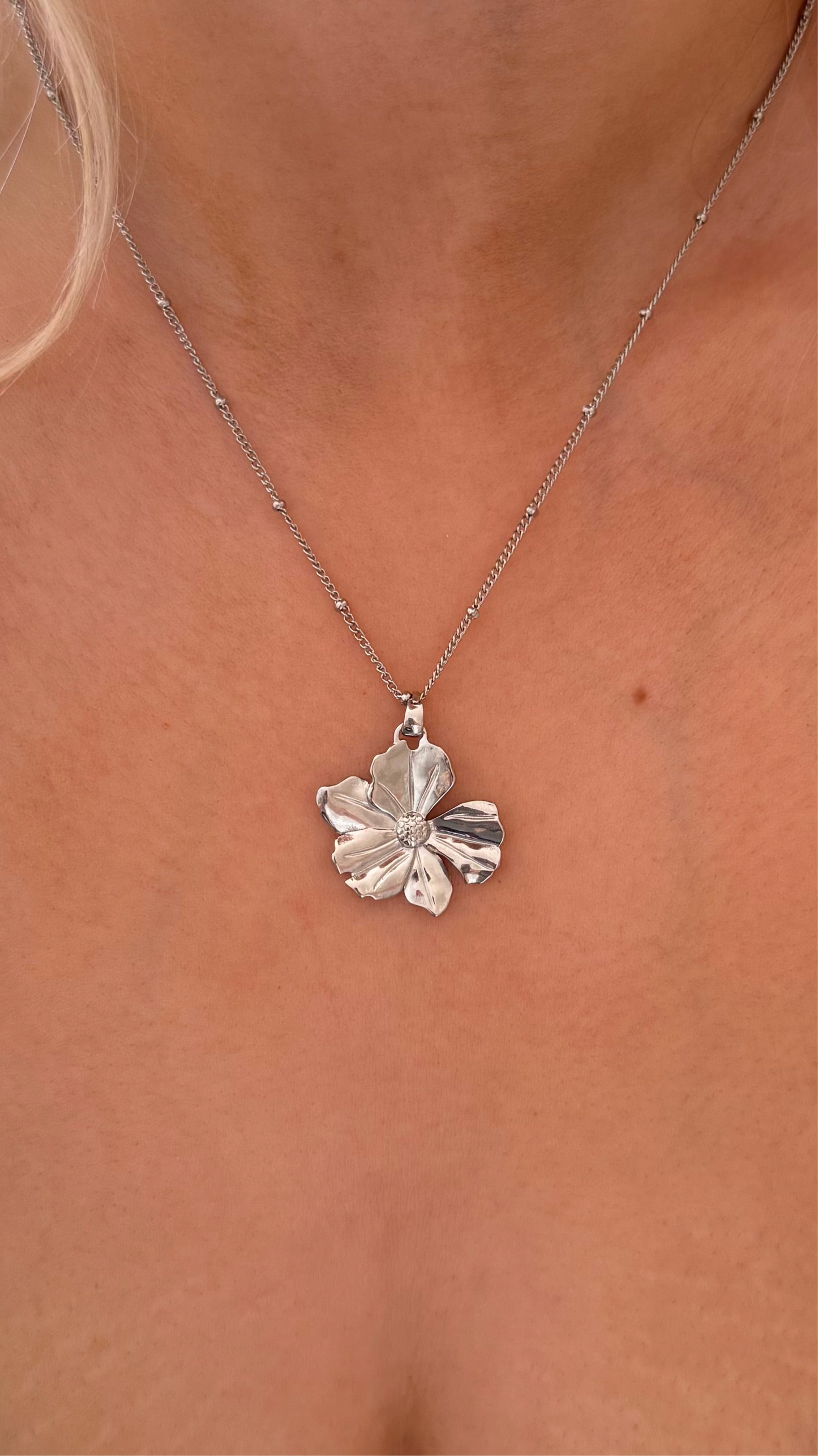 Silver Stainless Steel Flower Necklace