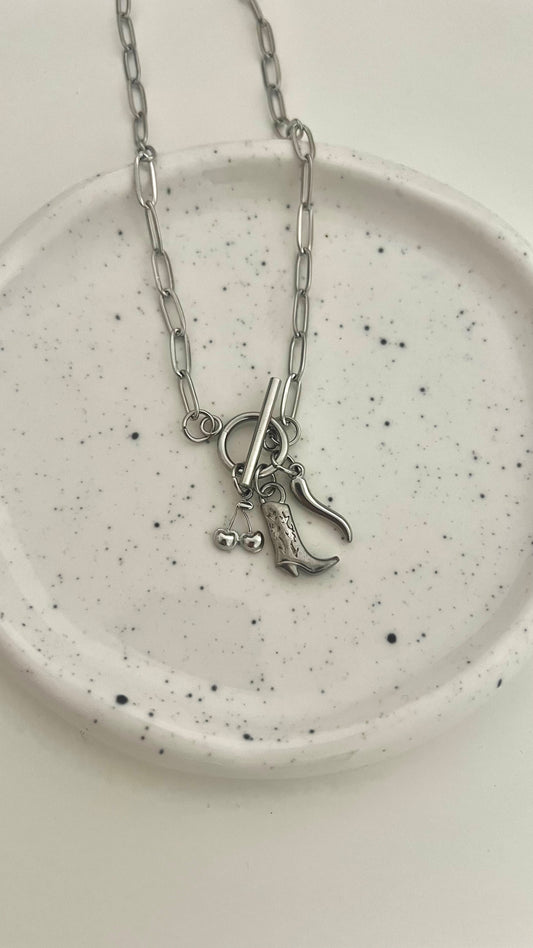 Silver Hot Cowgirl T Chain Charm Necklace