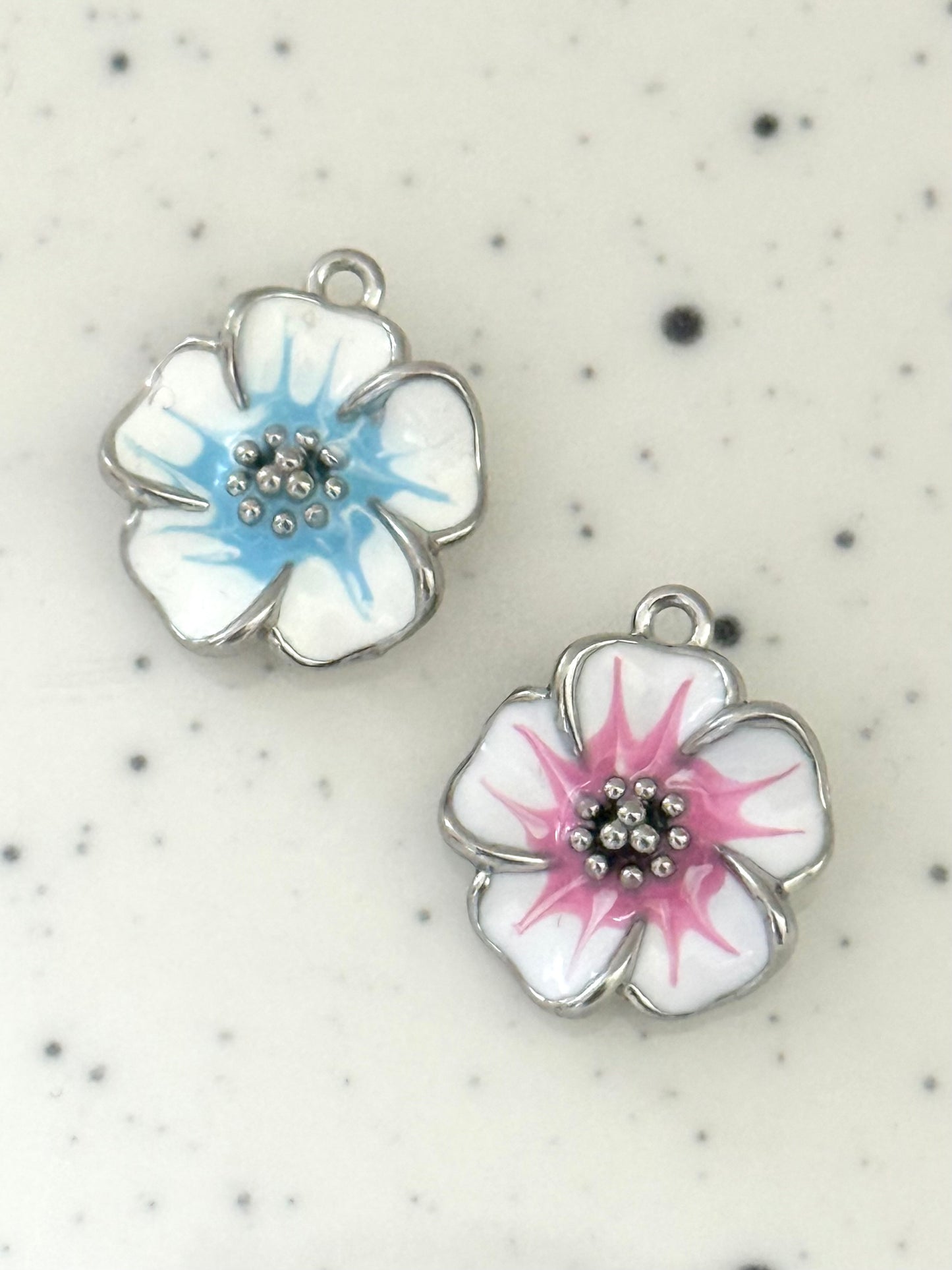 Blue & Pink Enamel Lotus Flower Silver Charms