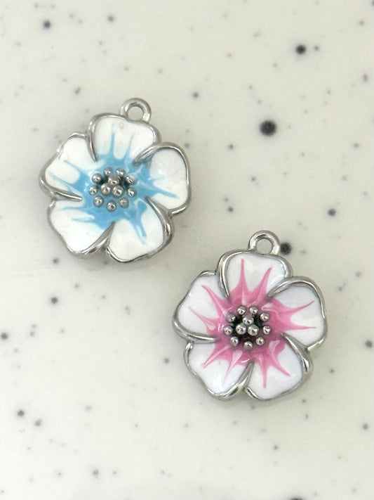 Blue & Pink Enamel Lotus Flower Silver Charms