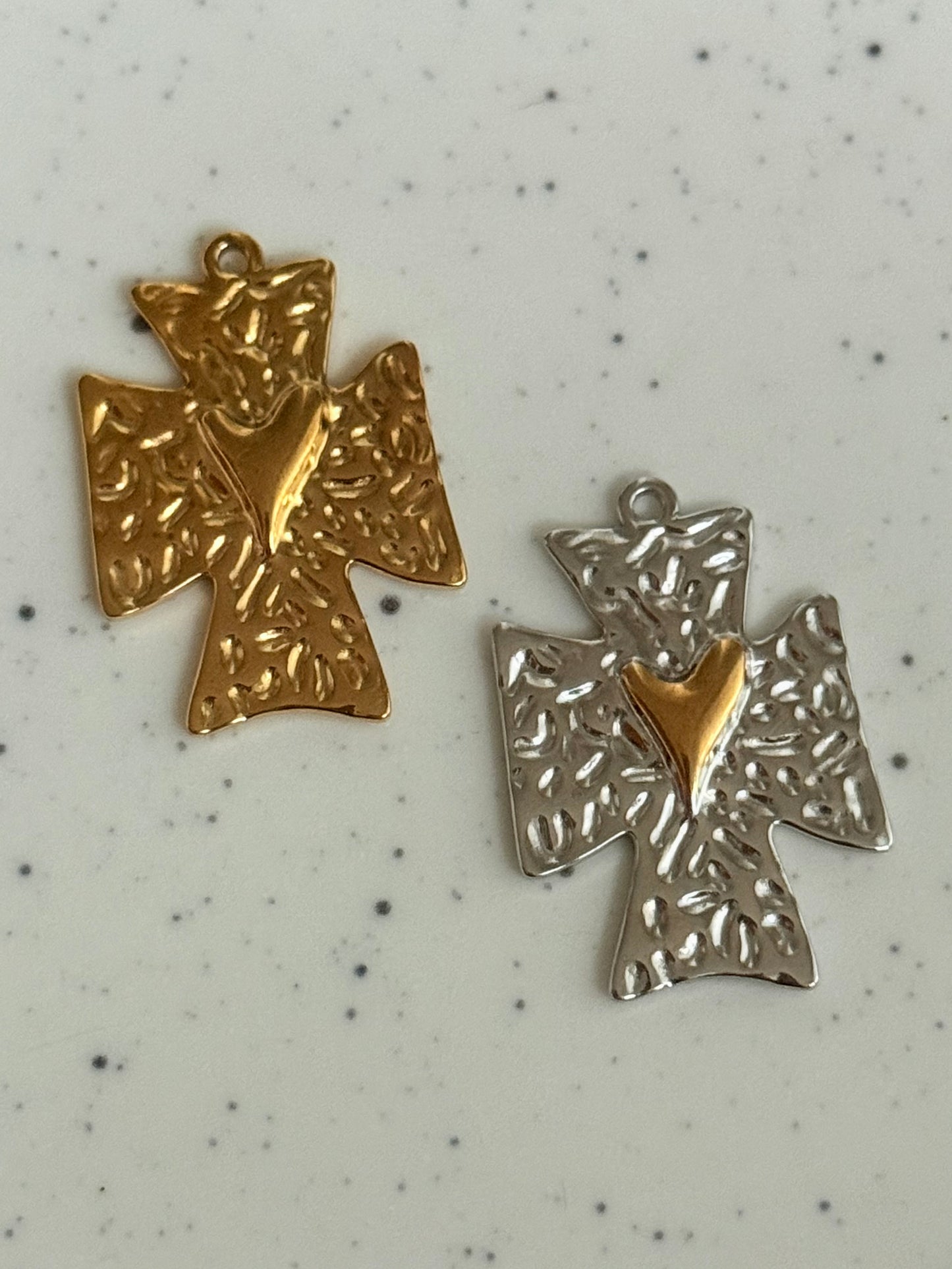 Hammered Cross Charms With Center Heart